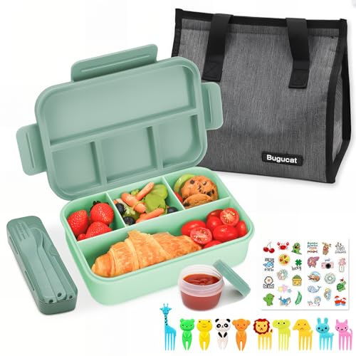 Bugucat Brotdose mit Fächern 1300ML,Lunchbox Kinder Auslaufsicher mit Lunchtasche,Brotdosen Bento Box mit Besteckset Obstgabel für Erwachsene,Vesperdose Frühstücksbox für Jungen&Mädchen,Dunkelgrün