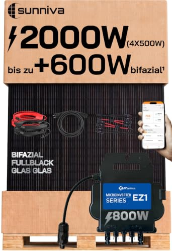 SUNNIVA® 2000W Balkonkraftwerk mit 800W Wechselrichter AP SYSTEMS, BIFAZIAL FULLBLACK komplett Steckdose, PV Solaranlage Komplettset mit 5 m Anschlusskabel und 4x 2.5m Solarkabel, 4x 500W N-Type Glas
