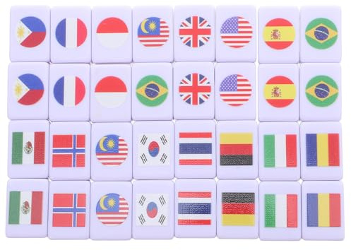 Gogogmee 64 Stück Mahjong Spiel mit Internationalen Flaggen Tragbares Brettspiel für 2 Spieler Kompakte Melamin Steine Lernspiel für Erwachsene Strategie Couchtischspiel