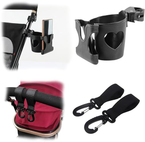 Heucadup portavasos para cochecito Con 2 ganchos carro bebe y soporte para teléfono, portabebidas universal 2 en 1 para andadores, sillas de ruedas, bicicletas y patinetes. Negro