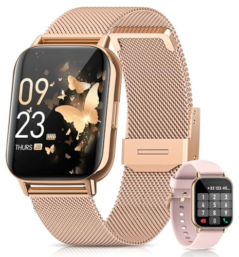 2026 Nouveau Montre Connectée Femme, 1.85 AMOLED Smartwatch avec Appel Bluetooth/Fonction Féminine/Fréquence Cardiaque/SpO2/Sommeil 113+ Sportifs/5ATM Étanche, Calories Podomètre iOS Android, Or Rose