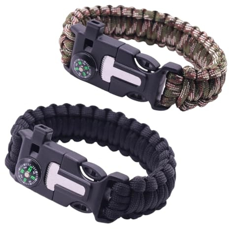 CATZUM 2 Pezzi Braccialetto Sopravvivenza con Bussola, Paracord per Campeggio e Attività, Outdoor Fischietto di Emergenza(Nero + Verde)