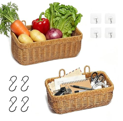 2 PCS Woven Storage Basket, Wall Hanging Storage Baskets, Kitchen Storage with hooks, Handwoven Durable Rattan Storage Basket for Bathroom Vanity Countertop Kitchen Vegetables Garlic Storage-Rectangle