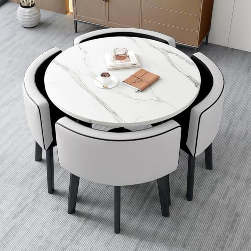 YVMGWEL Essgruppe Set Tisch und Stühle, 90cm Runder Esstisch mit 4 Esszimmerstühlen, Tisch und 4 Stühle für Küche, Wohnzimmer, Balkon, Restaurant, Büro,Weiß + schwarz weiß