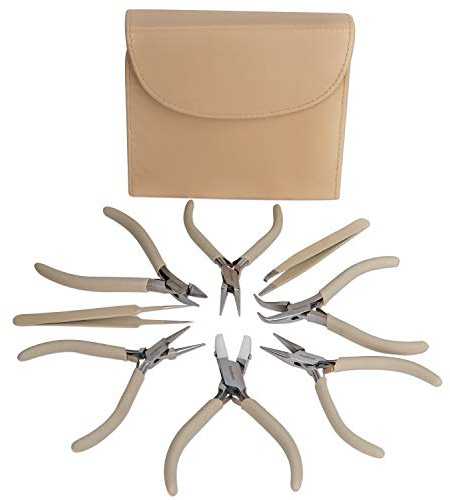 The Beadsmith Fashion Color Pliers, Jewelry Making Supply Set of 8 | Slimline Color-Coordinated Tools, Matching Beige Clutch, For Creating Necklaces, Bracelets, Earrings & More