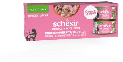 Schesir, Thunfisch mit Gelee-Schinken, komplettes Nassfutter für Katzen, mit zusätzlichen Vitaminen, 100% natürlich, 6 Dosen à 85 g
