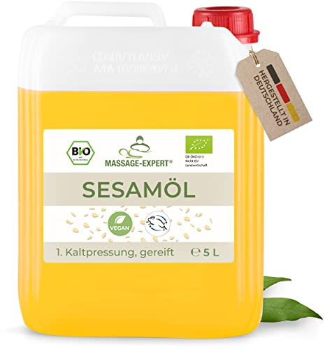 MASSAGE-EXPERT Sesamöl Bio kaltgepresst - Gereiftes Basisöl für Massage, Ayurveda, Hautpflege und Haarpflege [5 Liter Kanister]