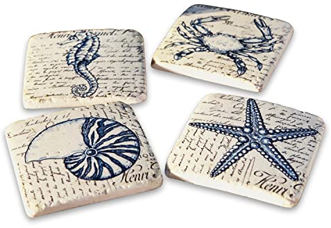 LOBERON Untersetzer 4er Set Faune Marine, maritime Motive, rutschfeste Unterseite, Strand-Flair, Tischaccessoires, Tischdekoration, Polyresin, Kork, blau/beige
