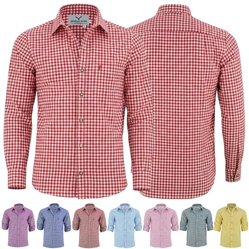 German Wear Trachtenhemden für Herren mit Langen Ärmeln, klassisches Karomuster, hochwertige bayerische Mode mit Hirsch-Stickerei und kardieten Ärmeln Rot- Small