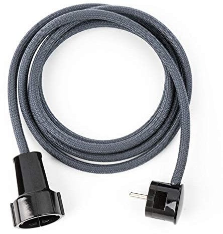 2.5m Textil Verlängerungskabel Graphit, Textilkabel mit Schuko-Winkelstecker und Kupplung aus Duroplast (Bakelit Optik)