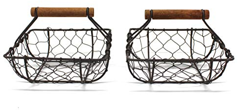 CVHOMEDECO. Chicken Wire Egg Baskets Rust Gathering Baskets with Wooden Handle Country Vintage Style Storage Baskets. Set of 2 (Square)