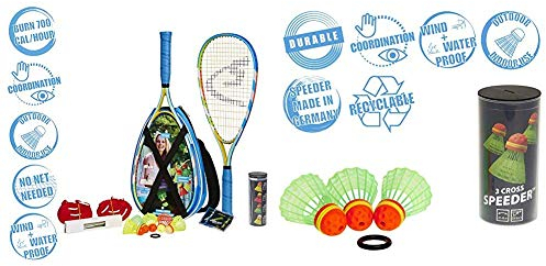 Speedminton® S700 Set – Original Speed Badminton/Crossminton Allround Set inkl. 5 Speeder®, Spielfeld, Tasche & Cross Speeder – 3er Pack Speed Badminton/Crossminton Outdoor Ball inkl. Windring