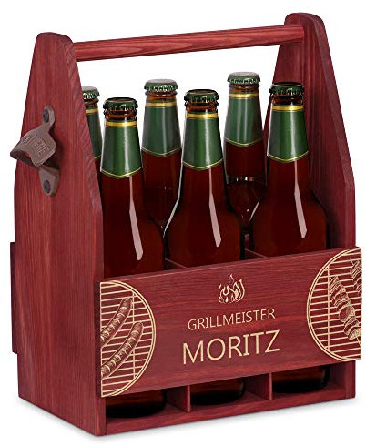Maverton Bierträger für 6 Flaschen 0,5L mit Gravur - Männerhandtasche mit Flaschenöffner - Größe: 25x17x32cm - aus Holz - Geburtstagsgeschenk - personalisierte Geschenke für Männer
