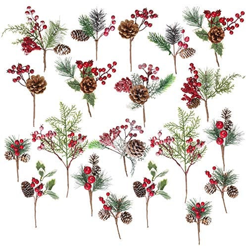 Crafare 20 Pack Artificial Christmas Tree Picks Assorted Red Berry Pine Picks Spray with Pinecones Apples Holly Leaves Winter Holiday Season Déco