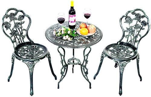 COSTWAY Salon de Jardin 3Pcs en Fonte Aluminium, Ensemble 2 Chaises et 1 Table Ronde Style Antique avec Motif Rose Chaise Charge 150 kg, pour Balcon Terasse Jardin(Vert)