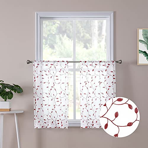 Tollpiz Kurze, durchscheinende Stufen-Vorhänge, Burgunderrot, mit Blätter-Stickerei, Küche und Badezimmer, halbe Vorhangstange, Voile, Kunstleinen, 76,2 x 61 cm, Set mit 2 Paneelen, bestickte Blätter