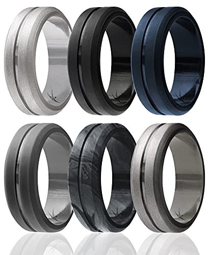 ROQ Silicone Wedding Ring for Men, Set of 6 Elegant, Affordable Silicone Rubber Wedding Bands, Brushed Top Beveled Edges - Medical Grade Silicone - Silver, Black, Blue, Marble, Grey Colors - Size 12