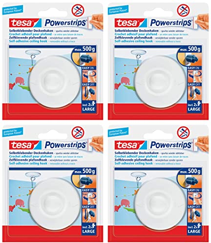 tesa Powerstrips Deckenhaken, selbstklebend, drehbar, weiß, zum Aufhängen von Deckendekoration, Powerstrips, große Haltekapazität bis zu 500 g (4 Deckenhaken)