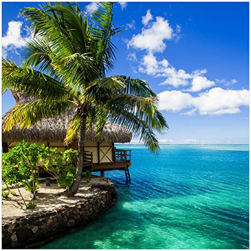 Wallario Glasbild Karibisches Meer Einsame Hütte unter Palmen - 30 x 30 cm Wandbilder Glas in Premium-Qualität: Brillante Farben, freischwebende Optik
