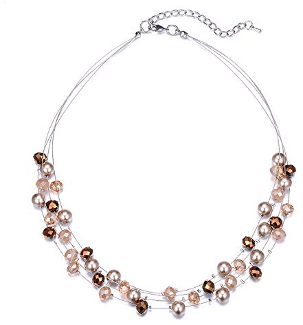 Bulinlin Damen Silber Perlenkette mit Kristall Statement Mehrreihige Boho Choker Halskette Modeschmuck Geburtstagsgeschenke für Frauen(15-Champagne)