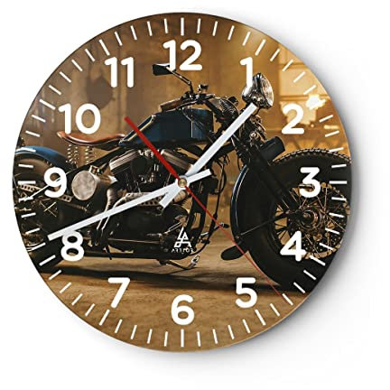 Horloge Murale Design Moderne Harley-Davidson Moto Moteur 40x40cm Petit Pendule Murale en Verre Cuisine Salon Chambre Silencieuse Originale Wall Clock Décoration Murale Art Wall Decor C4AR40x40-4233
