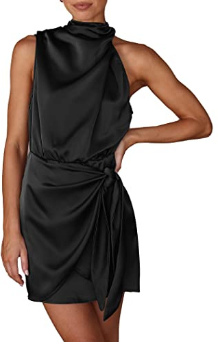PRETTYGARDEN Women's Short Formal Satin Dress Summer Sleeveless Mock Neck Tie Waist Cocktail Party Dresses (Black,Medium)