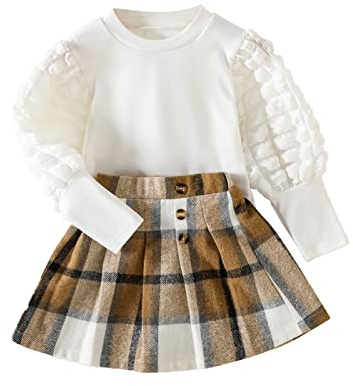 Qiraoxy Baby-Mädchen-Kleidung Langärmeliges Oberteil + A-Linie Plaid Rock Set Kleinkind Mädchen Mode Kleidung 2Pcs Outfits Set 1-6 Jahre