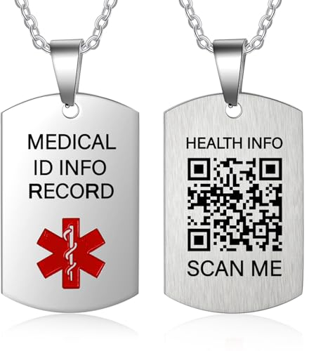 Theluckytag Collar de Alerta médica de código QR theluckytag para hombres, mujeres y niños - collar de identificación médica de 19 'qian - más espacio para ahorrar información médica