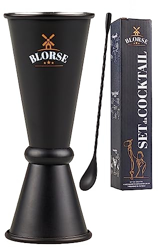 BLORSE Jigger Cocktail 30/60ml e Cucchiaio Spiralato a Goccia 25cm - Kit Barman Professionale Nero
