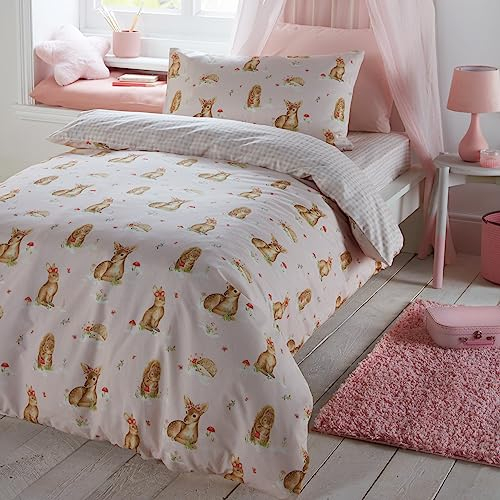 Bedlam Bettbezug mit rosa Waldtieren, Einzelbettgröße (200 x 140 cm), wendbar (2 Designs), rosa Karierter Bettbezug, rosa Bettwäsche mit Hirsch, Igel und Eichhörnchen, Waldbettwäsche