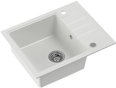 QUADRON fregadero de granito fregadero de un seno | tamaño 62 x 50 x 20 cm, color: blanco y acero | PETER 116 fregadero de cocina | fregadero moderno | con sifón manual y escurridor