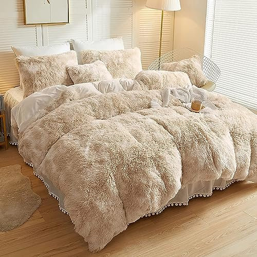 AShanlan Warme Plüsch Bettwäsche 135x200 Flauschig Winter Bettbezug Langhaar Flausch Fleece Plüschbettwäsche Set mit Reißverschluss Kopfkissenbezug Ombre Beige - 135 x 200 + 80 x 80 cm