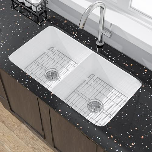 Miuara Fregadero de cocina blanco de 32 pulgadas, doble tazón 50/50, fregadero de arcilla refractaria de montaje superior de 32 x 19 x 10 pulgadas, montaje doble, lavabo doble, con 2 accesorios