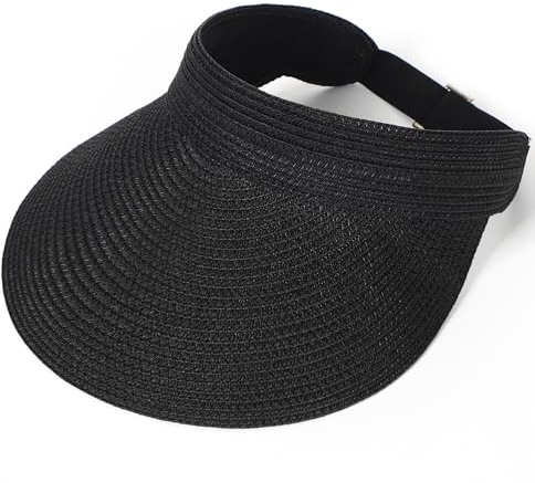soul young Womens Beach Straw Sun Visor Hat Ponytail Hole UV Protection Wide Brim Summer Cap Packable for Travel UPF 50+(One Size,Black)