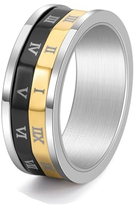 Spinner Ring Männer, Verlobungsring Damen Dreifarbig Römische Ziffern Drehbar Schmuck 8mm Breit Edelstahl Größe 62 (19.7) Komfort Fit mit Box
