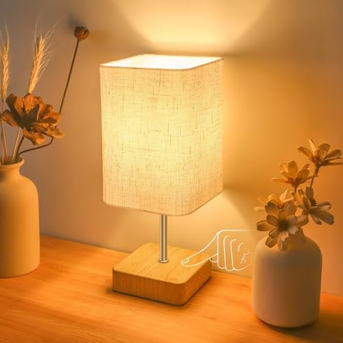 Jayencer Touch Control Table Lamp,Dimmable Touch Control Nightstand Lamp,Bedside Touch Lamp with Wood-Grain Base & Beige Fabric Shade for Bedroom Living Room Children's Room,Bulb Included