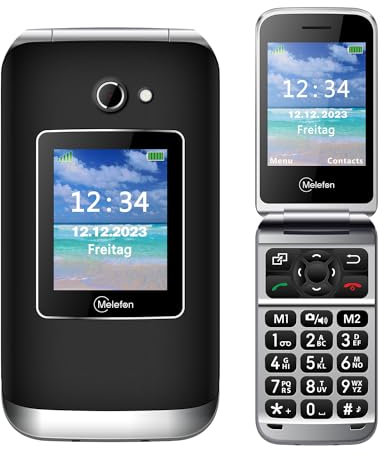 Melefon 2G Seniorenhandy mit SOS-Tasten,Klapphandy mit großen Tasten | Kurzwahl | Dual Farbdisplay | Taschenlampe | Radio | Schwarz