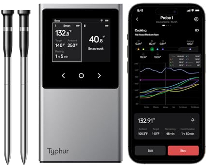 Typhur Sync Smart Wireless Meat Thermometer - 2 Probes 6 Sensors, 122m Bluetooth 5.4, Stable Unlimited Range WiFi Monitoring, IP67 Waterproof for BBQ Grill Oven Smoker Air Fryer Food Cooking Kitchen