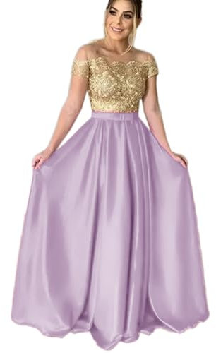 Elegante vestido de noche de satén con hombros descubiertos, acampanado, largo con encaje, vestido de noche 2024 para madre de la novia, Lila, 22