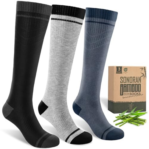 SONORAN 3 Paar Bambus Kompressionsstrümpfe Damen und Herren, Stützstrümpfe Kompressionssocken Compression Socks Kompression für Wandern, Reisen S/M（Schwarz&Grau&Blau）