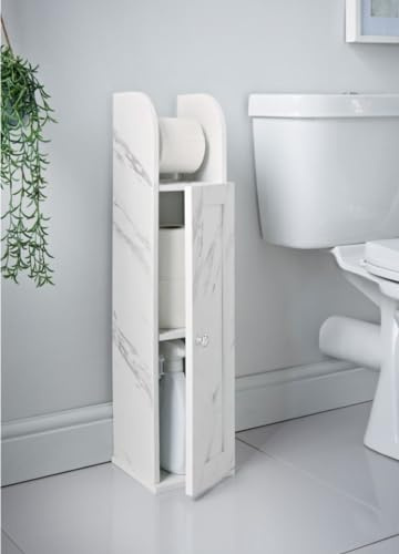 FAHAAM | Gorgeous Marble Effect Finish Free Standing Wooden Toilet Paper Roll Holder|Bathroom Cabinet/Tissue Storage/Toilet roll holder/Cupboard with Shelf(18 x 20 x 78cm)