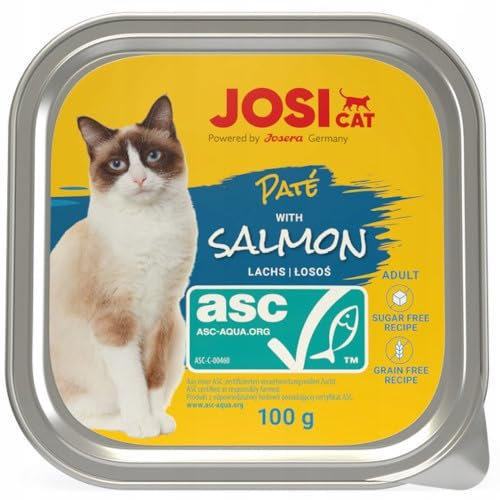 JosiCat Paté with Salmon (16 x 100 g) | Saftiges Katzenfutter mit Lachs (ASC-Zertifiziert) | getreidefrei | Premium Nassfutter für ausgewachsene Katzen | Alleinfutter | Powered by JOSERA | 16er Pack
