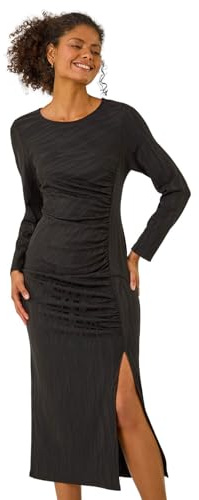 Dusk Fashion Textured Ruched Stretch Midi Dress for Women UK - Ladies Everyday Holiday Spring Summer Round Neckline Comfy Soft Evening Vacation Work Party - Black - Size 12