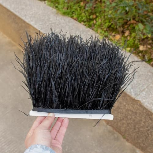 GreatRise 1m Natürlichen Straußenfedern Borte Plüsch Federband Federborte zum Basteln Federn Fringe Trim Fransen mit Satinband für DIY Nähen Hut Kleidung Kostüme Dekoration Schwarz 8-10cm