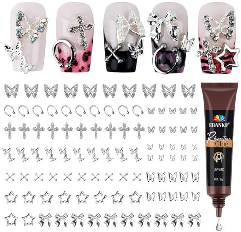 EBANKU 100PCS Nail Charms, Y2K Silver Charms Butterfly Bow Star Cross Nail Gems Set with 15g Nail Rhinestones Glue, Nail Jewelry Nail Studs Nail Design Crystals for Women Nail Decorations (10 Styles)