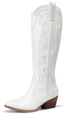DREAM PAIRS Stivali da Cowboy Alti Fino al Ginocchio con Cerniera Laterale da Donna, Comodi Tacco Grosso retrò Stivali da Cowgirl Western Ricamati,Size 36,Bianco,DWUMKB2501