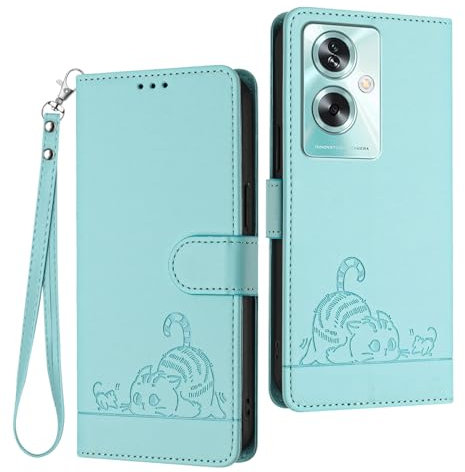WBWONE Funda Cuero para OPPO A79 5G Cartera Magnética Carcasa RFID, Ranuras Tarjetas/Soporte Plegable Patrón Gato Diseño - Verde Claro