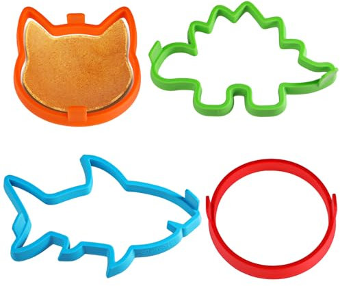 Kamehame Stampo in silicone per pancake, 4 pezzi, ad anello, antiaderente, per pancake, pancake, squalo, rotondo, gatto, dinosauro