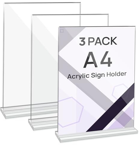 JEFURE A4 Acrylic Sign Holder, 3 Pcs, T-Shaped, Double-Sided | Clear Perspex Display Stands, Menu Holder, Poster Stand for Home, Office, Store, Restaurant