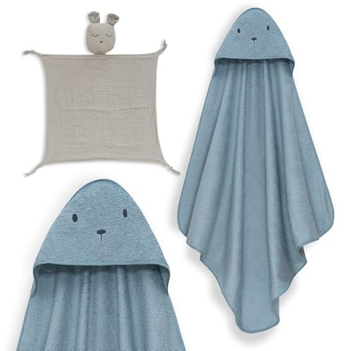 Interbaby Babybadetuch + Dudu Musselin | Kapuzenhandtuch aus 100% Baumwolle, Uni, weich, schnell trocknend, ideal für Neugeborene, Babys und kleine Kinder, Motiv Bär